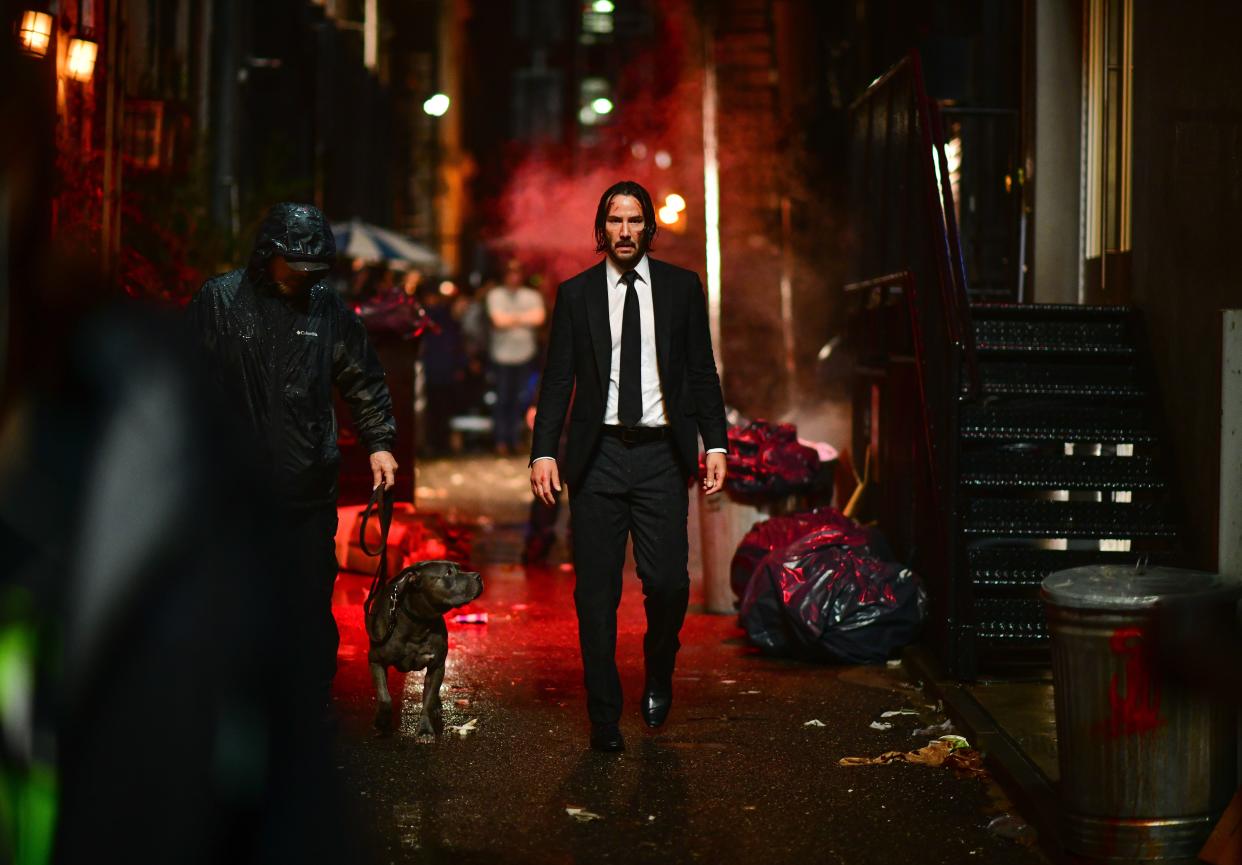 Keanu Reeves seen on location for 'John Wick 3' in Manhattan on May 23, 2018 in New York City.