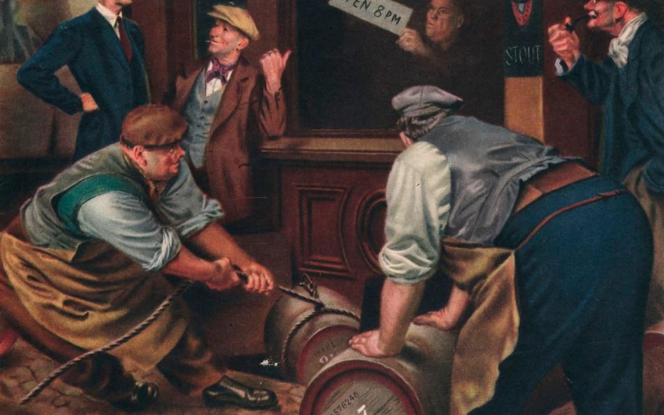 Roll up: barrels of beer arrive at a pub on a John Bull magazine cover from 1947 - Bridgeman