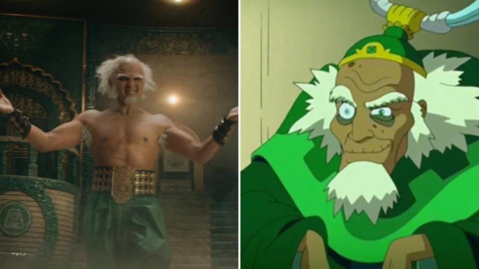 L-R: Utkarsh Ambudkar as King Bumi in the Netflix "Avatar: The Last Airbender" and the animated King Bumi (voicedd by Kevin Ng) in the Nickelodeon series