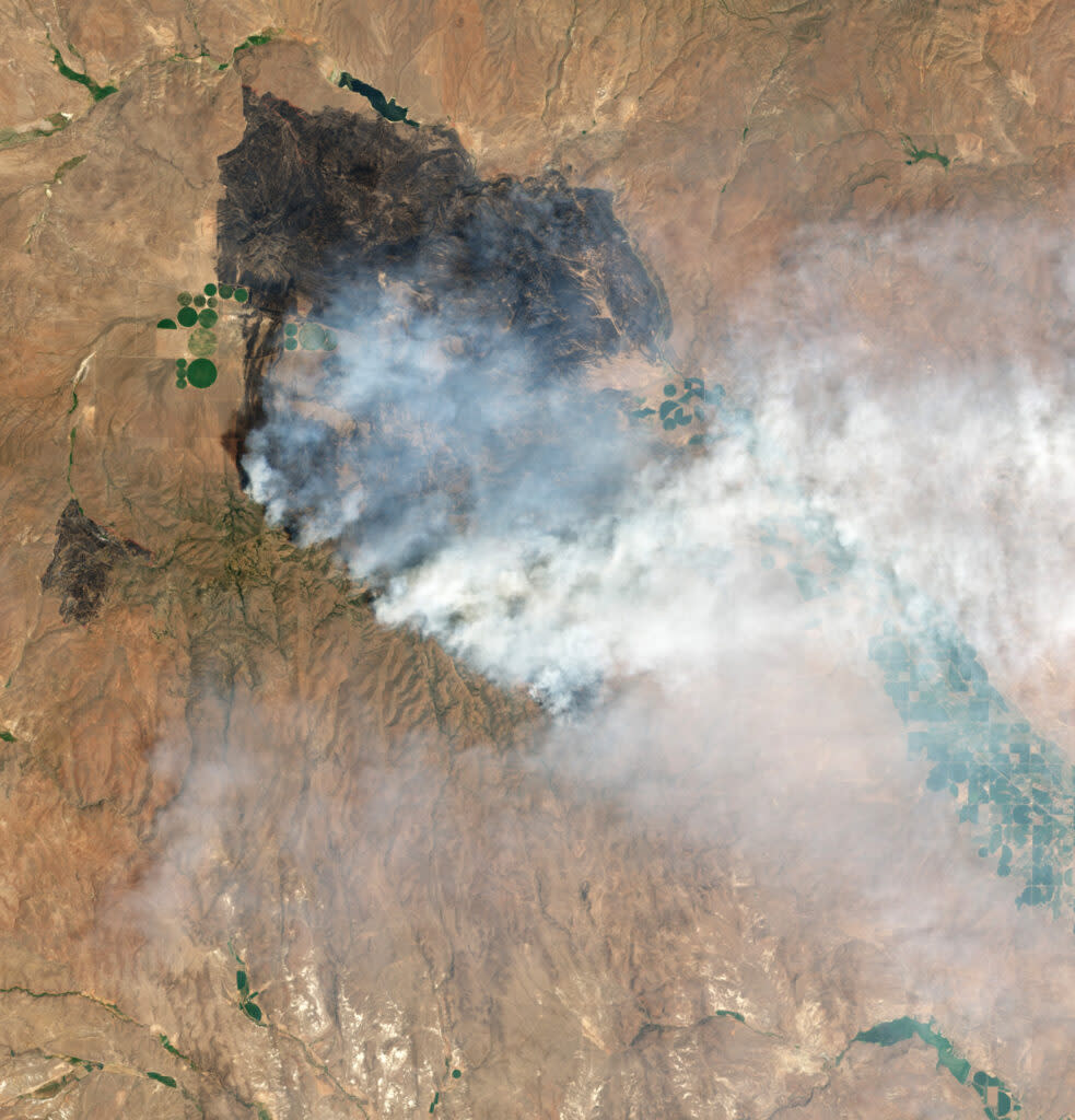 The Cow Valley Fire as seen from space on July 12. The fire in Malheur County is the largest in the state and has burned over 130,000 acres. (NASA Earth Observatory images by Wanmei Liang, using Landsat data from the U.S. Geological Survey).