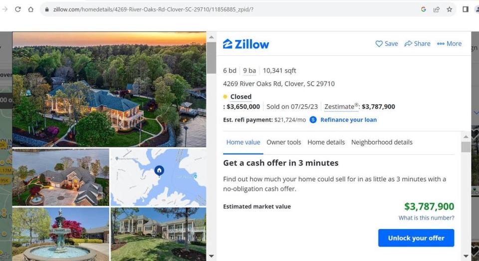 A Zillow screen shot shows a River Oaks home in Lake Wylie that sold last year for almost $3.7 million.