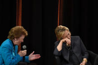 Former US Secretary of State Hillary Clinton speaks with former President of Ireland, Mary Robinson during a public lecture at Trinity College Dublin, Ireland June 22, 2018. REUTERS/Clodagh Kilcoyne