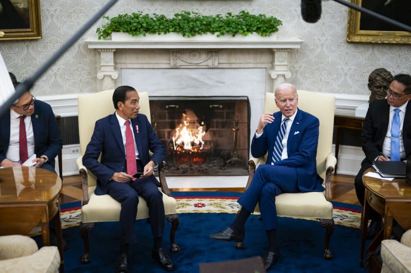 President Joe Biden meets with Indonesian counterpart Joko Widodo in the Oval Office of the White House in Washington on Monday as the two leaders announced a beefed-up strategic partnership. Photo by Al Drago/UPI