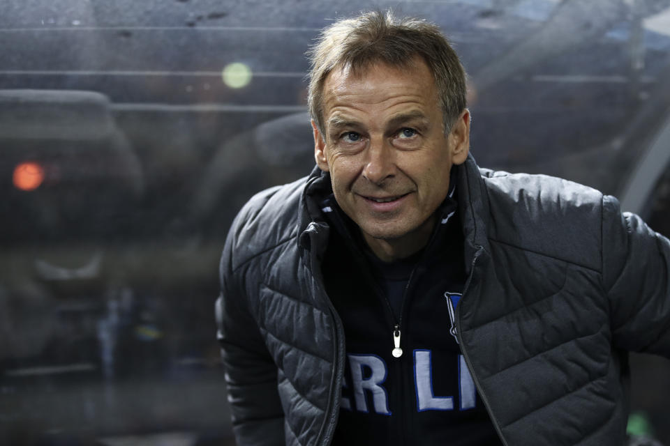 BERLIN, GERMANY - JANUARY 31: Jurgen Klinsmann head coach of Hertha Berlin looks on prior to the Bundesliga match between Hertha BSC and FC Schalke 04 at Olympiastadion on January 31, 2020 in Berlin, Germany. (Photo by Maja Hitij/Bongarts/Getty Images)