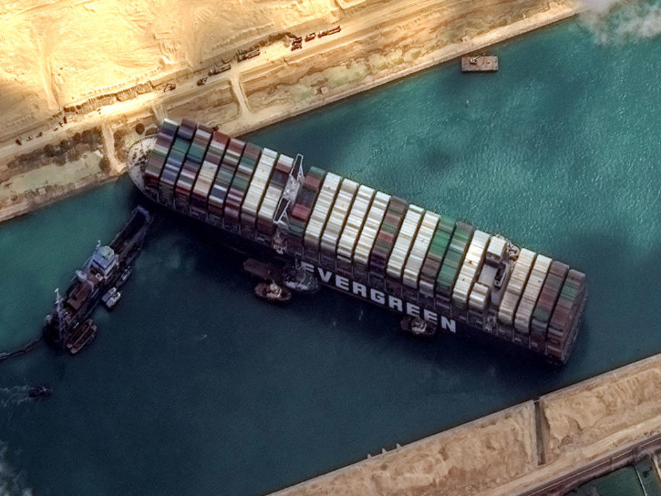 Maxars WorldView-2 collected new high-resolution satellite imagery of the Suez canal and the container ship that remains stuck in the canal north of the city of Suez, Egypt. 