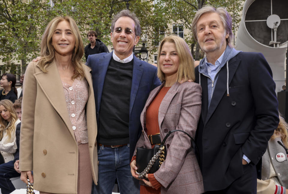 Nancy Shevell, from left, Jerry Seinfeld, Jessica Seinfeld and Paul McCartney attend the Stella McCartney ready-to-wear Spring/Summer 2023 fashion collection presented Monday, Oct. 3, 2022 in Paris. (Photo by Vianney Le Caer/Invision/AP)