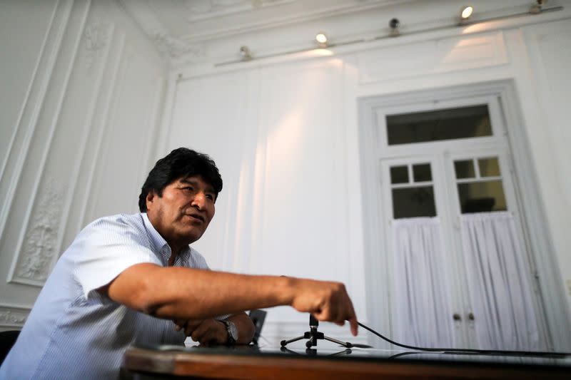 Former Bolivian President Evo Morales gestures during an interview with Reuters, in Buenos Aires