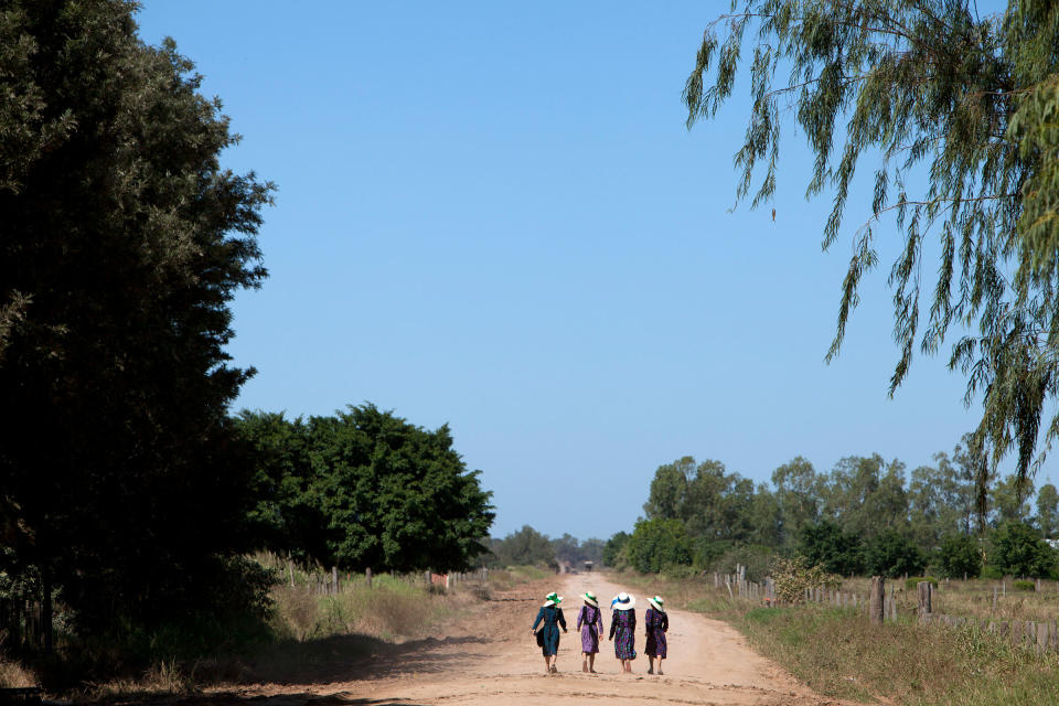 Four young Mennonite girls in the colony of Manitoba, Bolivia, photographed in 2011. A scandal that involves over 140 rapes over the course of four years has shaken this community that lives by strict rules, including dress codes that dictate that all men where overalls and women wear flowery dresses.<span class="copyright">Noah Friedman-Rudovsky</span>