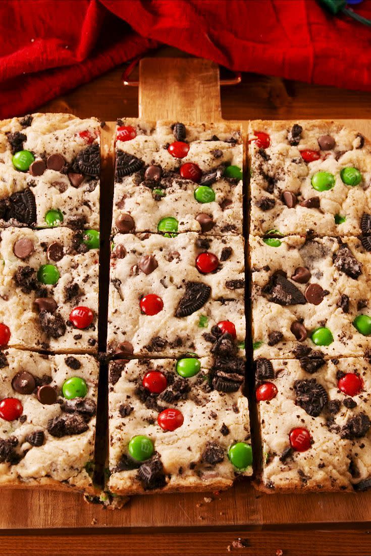 <p>Loaded with M&Ms, crushed Oreos, and chocolate chips, we could not think of a better way to celebrate <a href="https://www.delish.com/uk/cooking/recipes/g29681049/christmas-cake-recipe/" rel="nofollow noopener" target="_blank" data-ylk="slk:Christmas;elm:context_link;itc:0;sec:content-canvas" class="link ">Christmas</a>. </p><p>Get the <a href="https://www.delish.com/uk/cooking/recipes/a34309620/christmas-blondies-recipe/" rel="nofollow noopener" target="_blank" data-ylk="slk:Christmas Blondies;elm:context_link;itc:0;sec:content-canvas" class="link ">Christmas Blondies</a> recipe.</p>