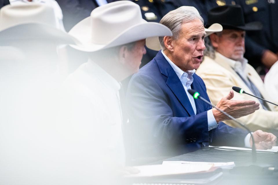 Texas Governor Greg Abbott speaks at a press conference with local law enforcement officials at the Port's Ortiz Center in Corpus Christi, Texas on Thursday, Oct. 20, 2022. Abbott discussed immigration and drug trafficking.