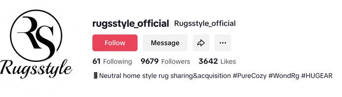 TikTok profile of rugstyle_official with 61 followers, 9679 followings, and 3642 likes. Bio: Neutral home style rug sharing & acquisition