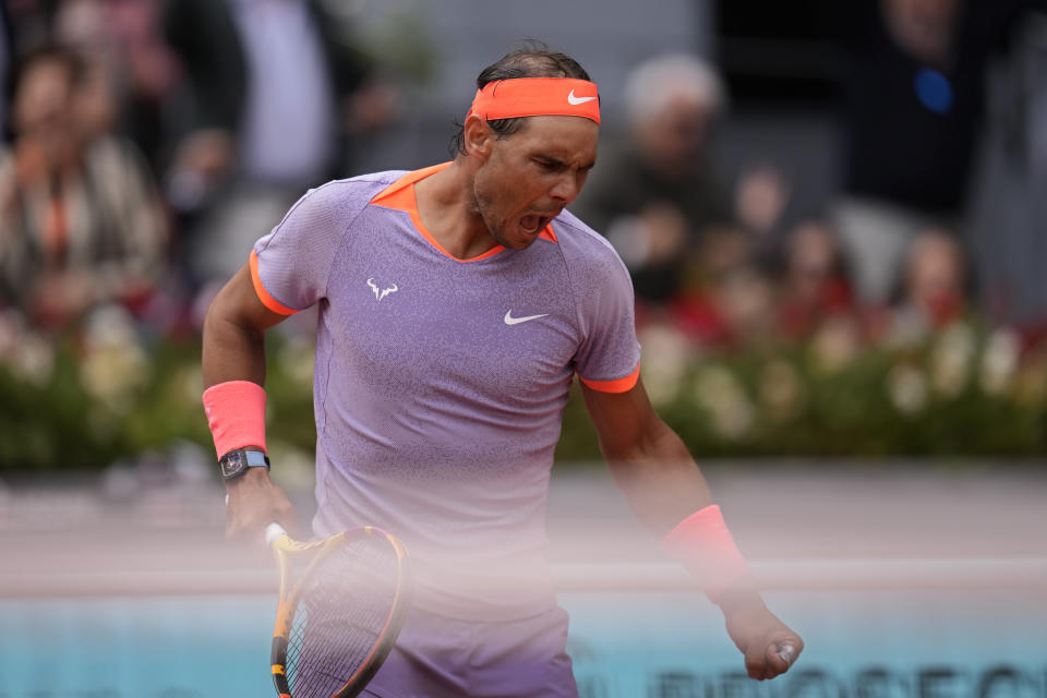 Rafael Nadal of Spain reacts after winning a point against Pedro Cachin of Argentina during the Mutua Madrid Open tennis tournament in Madrid, Spain, Monday, April 29, 2024. (AP Photo/Manu Fernandez)