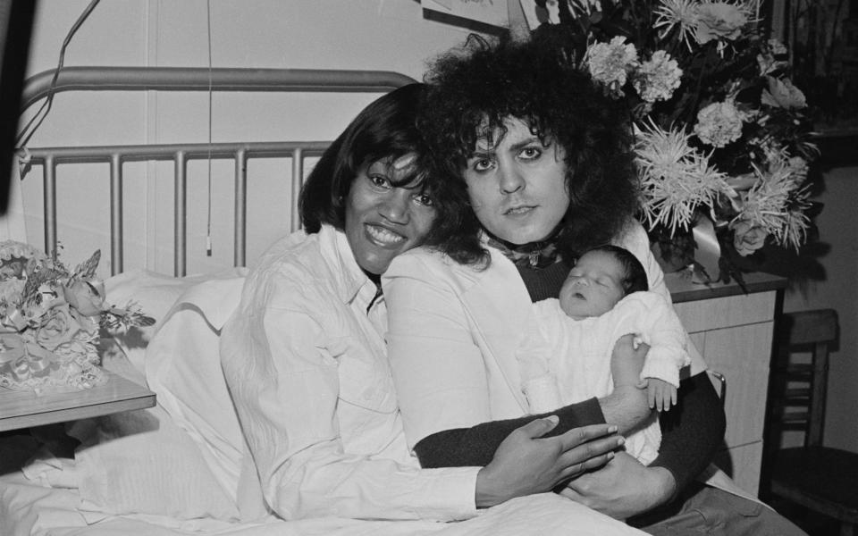 Marc Bolan and Gloria Jones in 1977, with their son Rolan - John Downing/Hulton