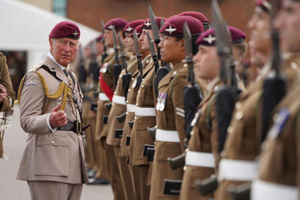 <p>The Prince of Wales, Colonel on Chief, inspects the front rank of representatives from 1st, 2nd and 3rd Battalions of the Parachute Regiment during a ceremony to present new colours to the Regiment at Merville Barracks in Colchester. Picture date: Tuesday July 13, 2021.</p>
