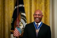U.S. President Donald Trump presents the Medal of Freedom to former New York Yankees pitcher Mariano Rivera