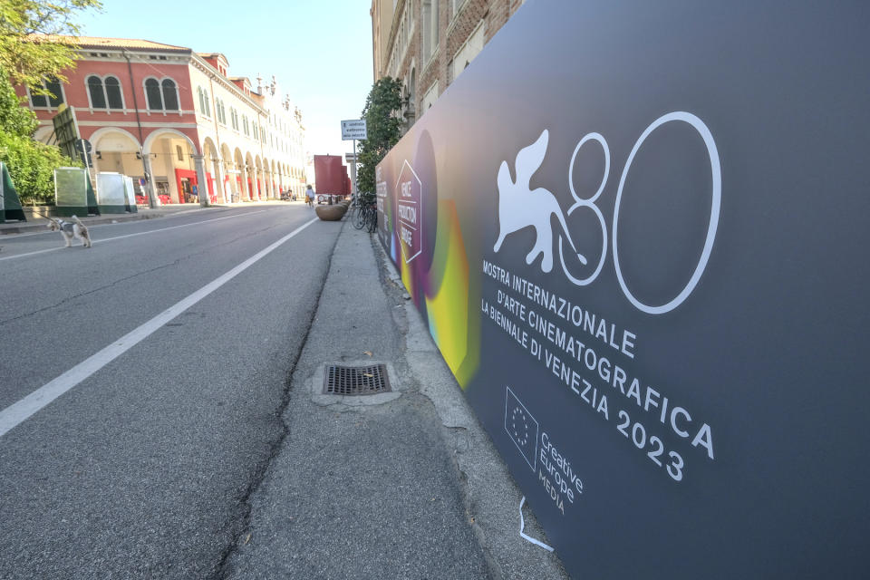 VENICE, ITALY - AUGUST 25: An event banner is displayed outside the Excelsior hotel ahead of the 80th Venice International Film Festival 2023 on August 25, 2023 in Venice, Italy. The 80th Venice International Film Festival, organized by La Biennale di Venezia and directed by Alberto Barbera, will be held at the Venice Lido from August 30 - September 9, 2023. (Photo by Stefano Mazzola/Getty Images)