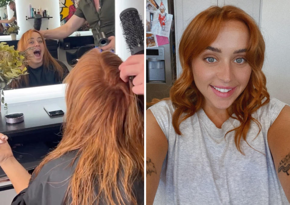 L: The Block's Sarah-Jane looking in the mirror at the salon. R: Sarah-Jane with her new copper hair