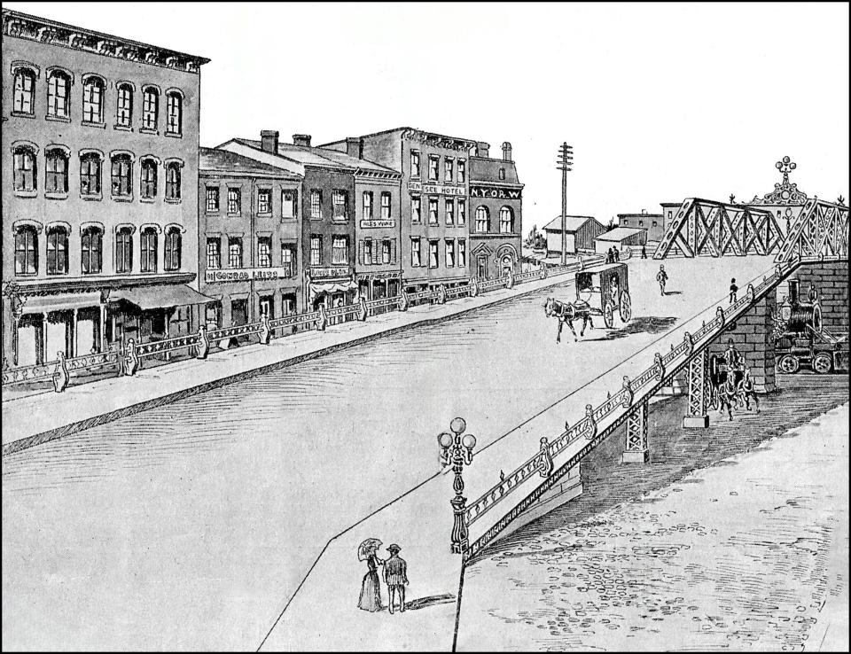 In June 1900, the New York Central Railroad announced it would eliminate the grade crossing of the railroad at Bagg’s Square and submitted plans for an overhead crossing. This sketch shows the planned bridge, debated for years before it was agreed upon March 16, 1908.