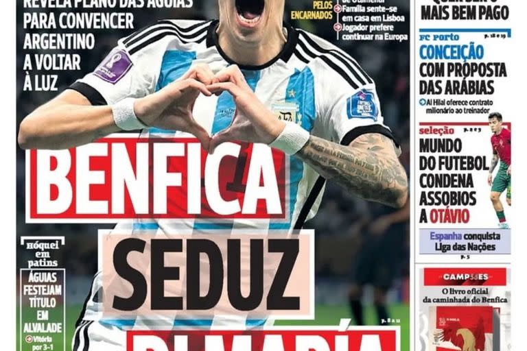 La portada de A Bola, el diario deportivo de Portugal que informa sobre la llegada de Di María a Benfica