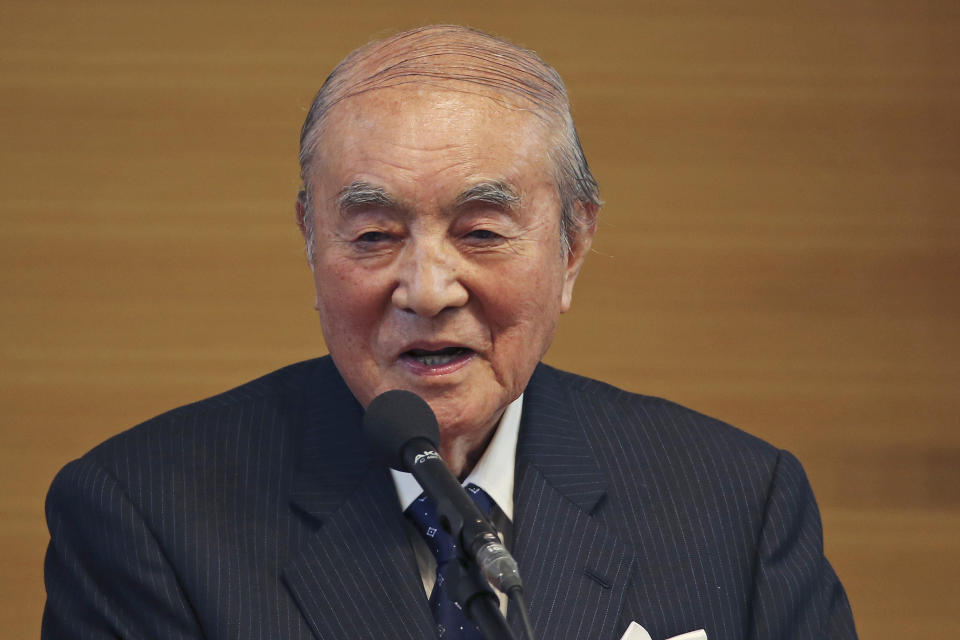 FILE - In this May 1, 2015, file photo, former Japanese Prime Minister Yasuhiro Nakasone delivers a speech during the annual meeting on Japan's constitution reform in Tokyo. Nakasone, a giant of his country’s post-World War II politics, died on Friday, Nov. 29, 2019. He was 101. (AP Photo/Koji Sasahara, File)