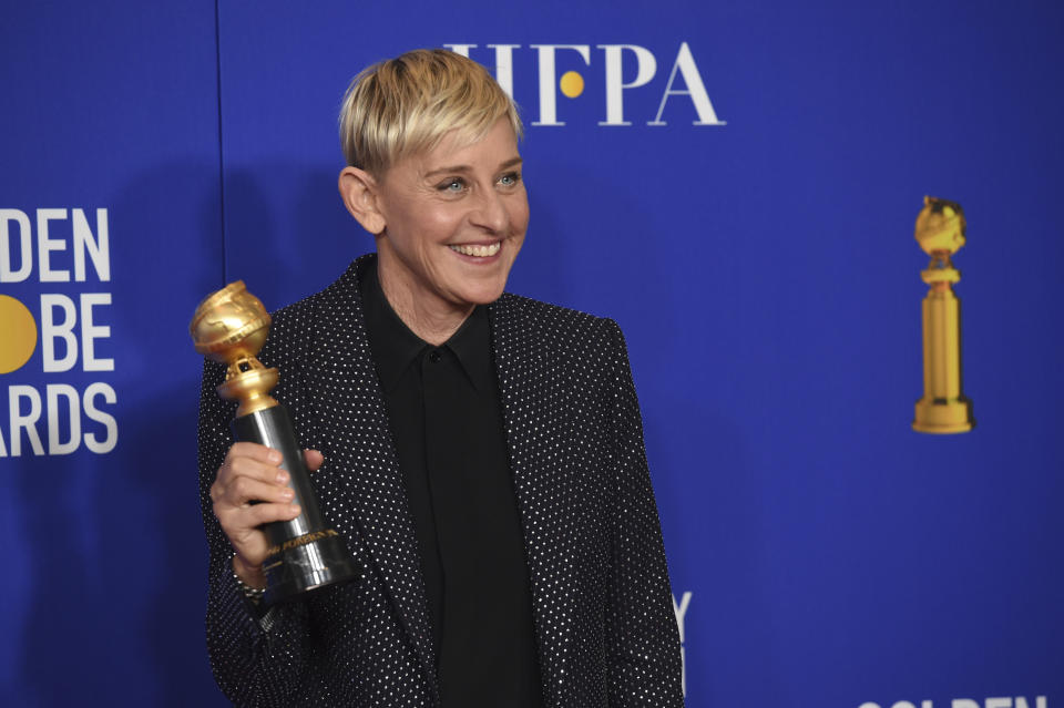 FILE - In a Sunday, Jan. 5, 2020 file photo, Ellen DeGeneres, winner of the Carol Burnett award, poses in the press room at the 77th annual Golden Globe Awards at the Beverly Hilton Hotel, in Beverly Hills, Calif. "The Masked Singer" has been such a hit for Fox that the network is doubling down on hidden entertainers. Fox says it's joining with Ellen DeGeneres to produce "The Masked Dancer," a celebrity competition show based on "The Masked Singer" and a segment that DeGeneres originated on her talk show. (AP Photo/Chris Pizzello, File)