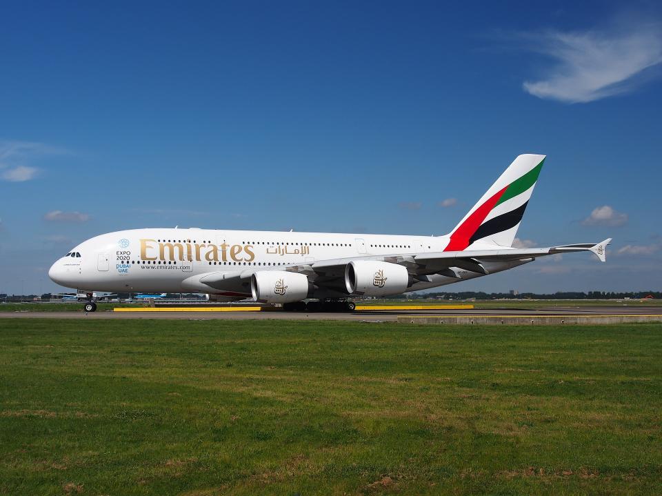 An Emirates A380 jet on the ground.