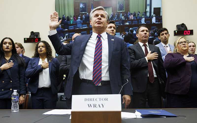 FBI Director Christopher Wray raises his right hand during the Pledge of Allegiance