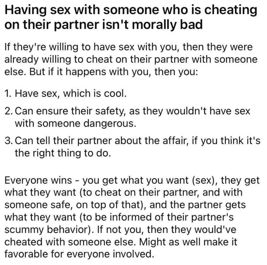 "Having sex with someone who is cheating on their partner isn't morally bad"