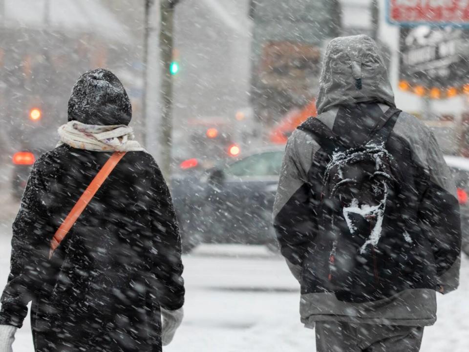 People walk down Front Street in downtown Toronto during the snowstorm on Wednesday. (Michael Wilson/CBC - image credit)