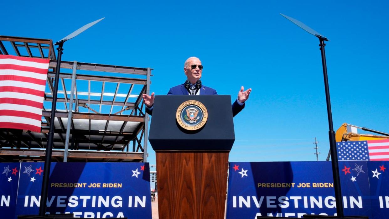 PHOTO: President Joe Biden speaks about an agreement to provide Intel with up to $8.5 billion in direct funding and $11 billion in loans for computer chip plants in Arizona, Ohio, New Mexico and Oregon, March 20, 2024, in Chandler, Ariz.  (Jacquelyn Martin/AP)