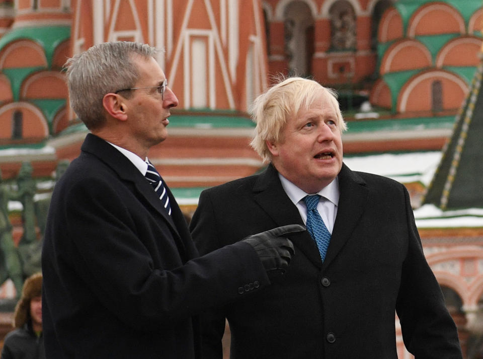 Dr Laurie Bristow, the UK’s ambassador to Russia (left), with Boris Johnson when the Foreign Secrteary visited Moscow in December. (PA)
