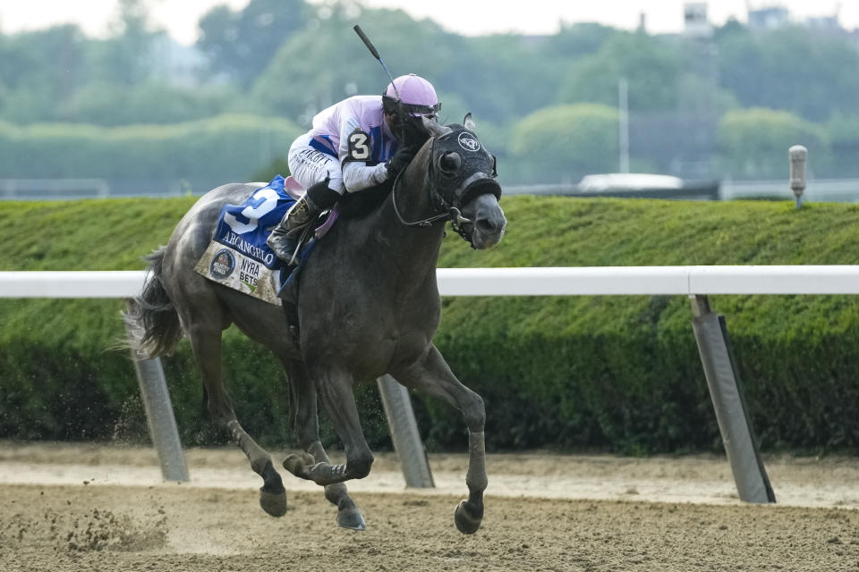 Arcangelo, with jockey Javier Castellano, breaks away from the pack in the final stretch to win the 155th running of the Belmont Stakes horse race, Saturday, June 10, 2023, at Belmont Park in Elmont, N.Y. (AP Photo/Mary Altaffer)