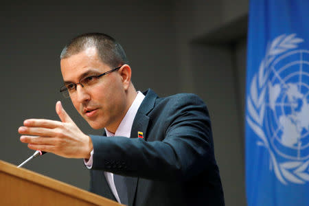 Venezuela Minister of Foreign Affairs Jorge Arreaza responds to questions in the press briefing room at the United Nations Headquarters in New York, U.S. February 12, 2019. REUTERS/Andrew Kelly