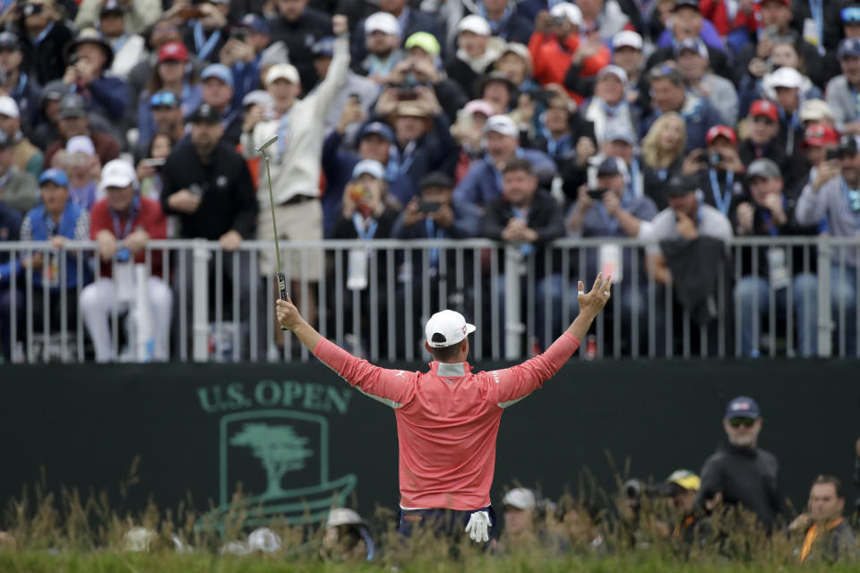 Gary Woodland celebrates after winning the U.S. Open Championship golf tournament Sunday, June 16, 2019, in Pebble Beach, Calif. (AP Photo/Marcio Jose Sanchez)