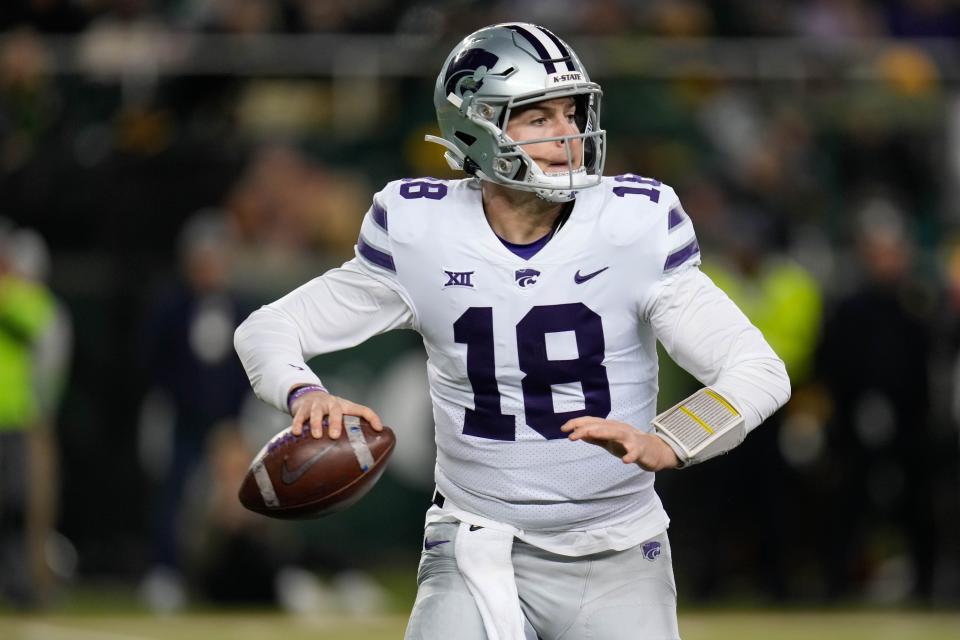 Will Howard (18) will start at quarterback for Kansas State on Saturday at West Virginia.