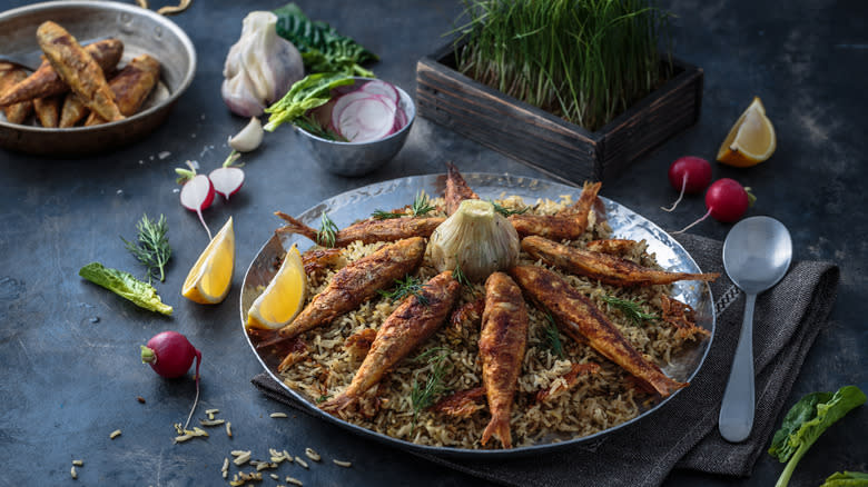 Fish with rice and herbs