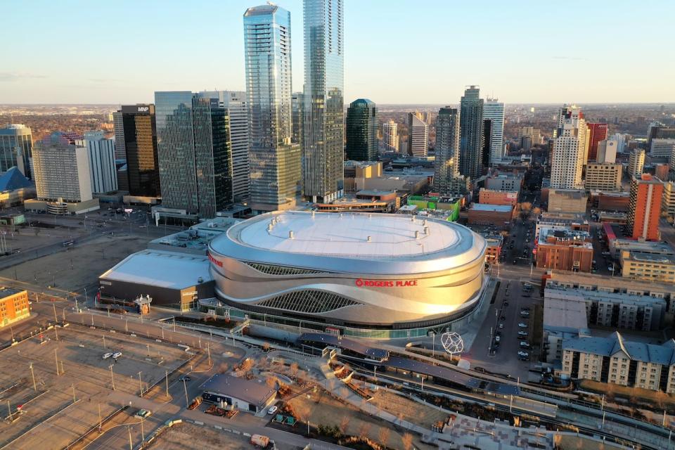 Drone sunset of Rogers Place. Taken 01 Apr 2021.