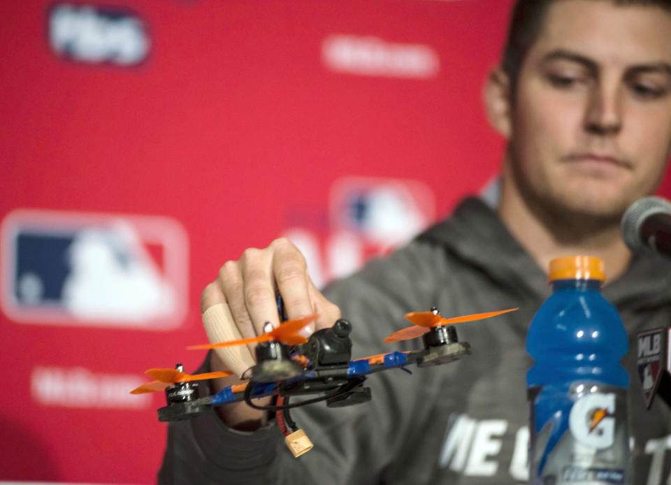 Trevor Bauer can’t find one of his drones. (Christopher Katsarov/The Canadian Press via AP, File)