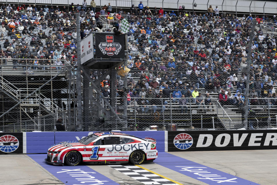 Ross Chastain (1) wins stage 2 during the NASCAR 400 auto race at Dover Motor Speedway Monday, May 1, 2023, in Dover, Del. (AP Photo/Jason Minto)