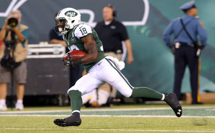 Sep 3, 2015; East Rutherford, NJ, USA; New York Jets wide receiver Walter Powell (18) runs back a kickoff against the Philadelphia Eagles during the first quarter of a preseason game at MetLife Stadium. Mandatory Credit: Brad Penner-USA TODAY Sports