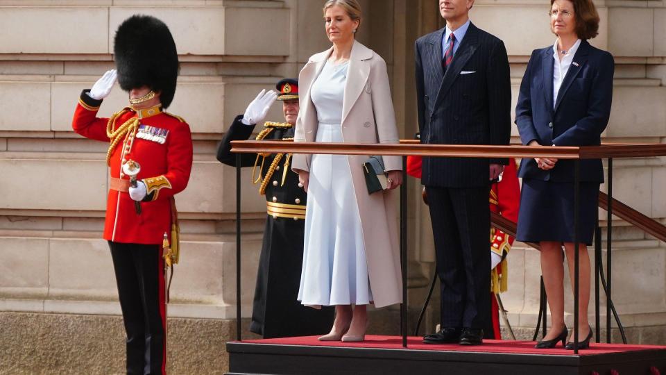  The Duke and Duchess of Edinburgh standing at Buckingham Palace for Changing of the Guard 