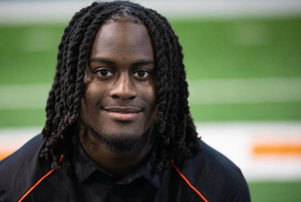 Miami Hurricanes Defensive Back Damari Brown smiles during UM Football Media Day at Carol Soffer Indoor Practice Facility on Monday, July 31, 2023 in Coral Gables, Fla.