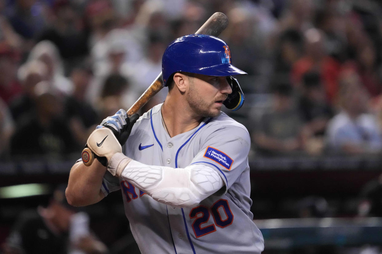 Jul 4, 2023; Phoenix, Arizona, USA; New York Mets first baseman Pete Alonso (20) bats against the Arizona Diamondbacks during the fourth inning at Chase Field. Mandatory Credit: Joe Camporeale-USA TODAY Sports