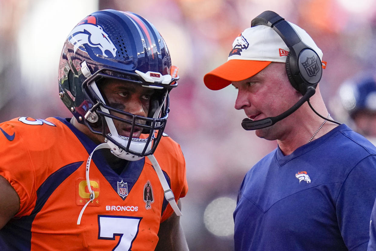 Russell Wilson, Nathaniel Hackett and the Denver Broncos host the San Francisco 49ers on Sunday Night Football. (AP Photo/Jack Dempsey)