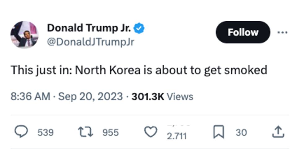 The seemingly hacked account of Donald Trump Jr appeared to suggest that an attack on North Korea was imminent (Screenshot / X)