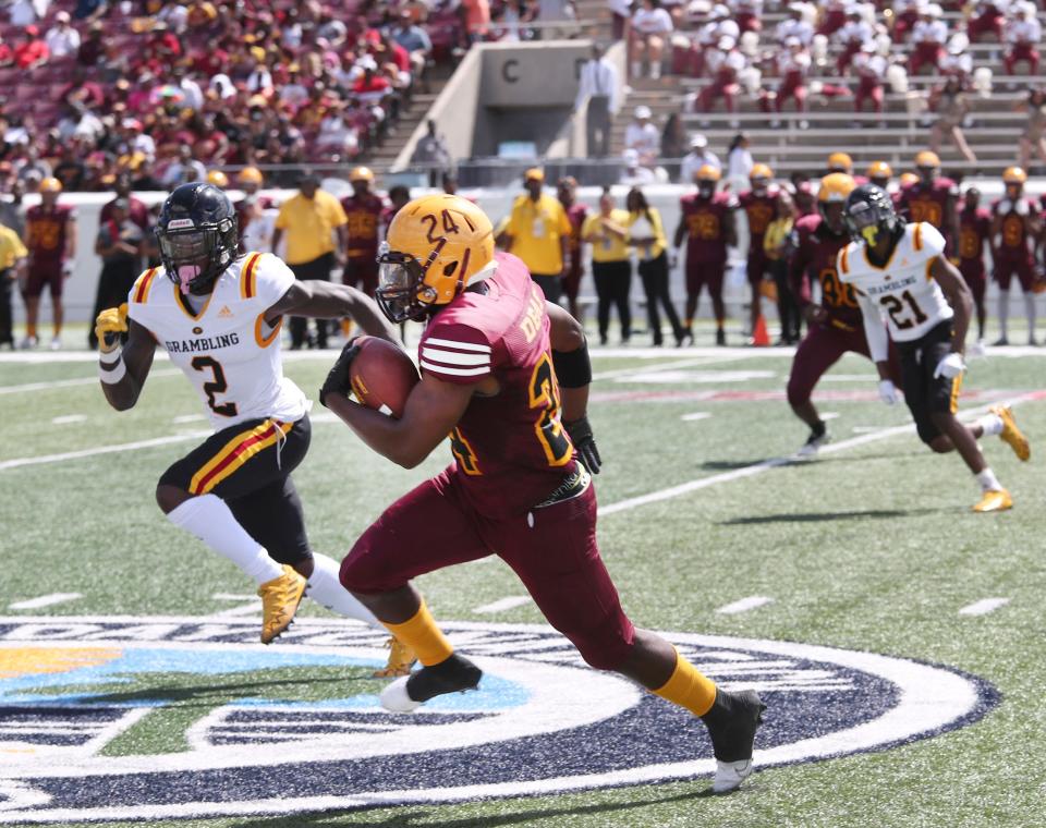 Bethune-Cookman Darnell Deas (24) returns a kickoff for a 97-yard touchdown Saturday Sept. 24, 2022 at Daytona Stadium.