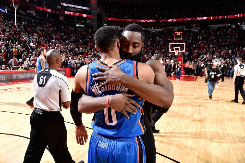 Top MVP candidates and former teammates Russell Westbrook and James Harden promise to deliver fireworks in the first round. (Getty Images)