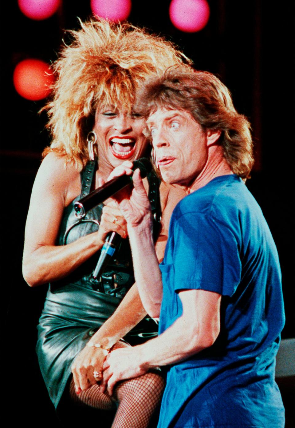 Tina Turner and Mick Jagger perform at the Live Aid concert Saturday night in Philadelphia on July 13, 1985. (AP)