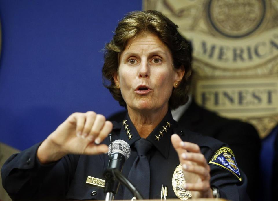 FILE - In this Sept. 9, 2015 file photo, San Diego Police Chief Shelley Zimmerman talks about the results of the first year of body cameras being worn by approximately 800 police officers in San Diego. Zimmerman is among the growing number of women heading departments, many in need of image makeovers. (AP Photo/Lenny Ignelzi, File)