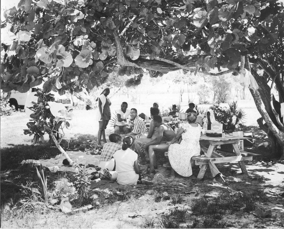 Families picnic at Virginia Key Beach Park when it was a segregated beach in Miami in the 1940s and 1950s.